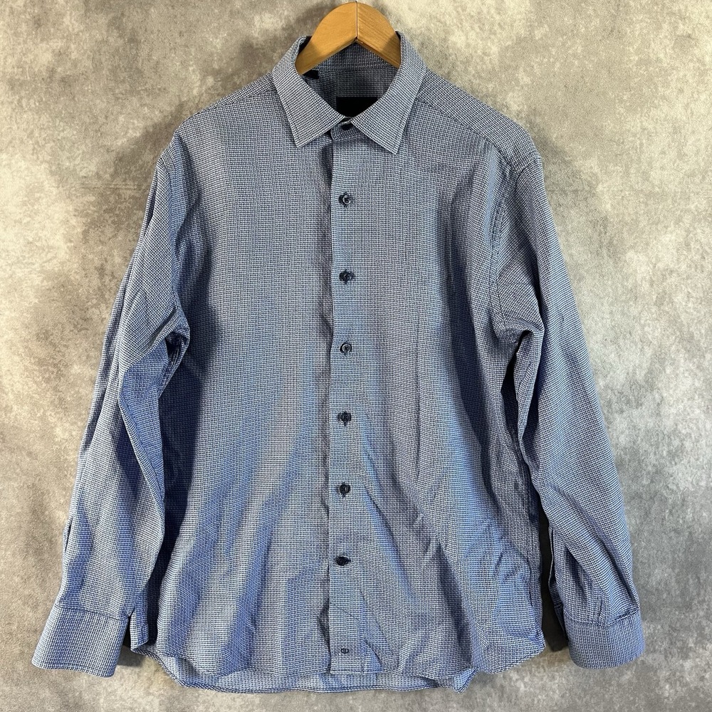 David Donahue Button Down Shirt Mens Large Blue Micro Pattern Cotton Long Sleeve